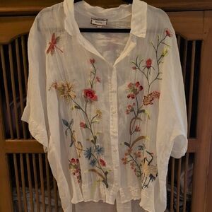 Johnny Was White Geniveve Relaxed Dolman Shirt with Colorful Embroidery